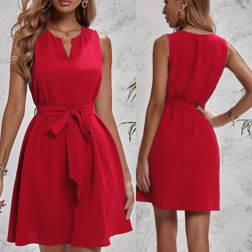 Notched v neck sleeveless belted tunic dress red